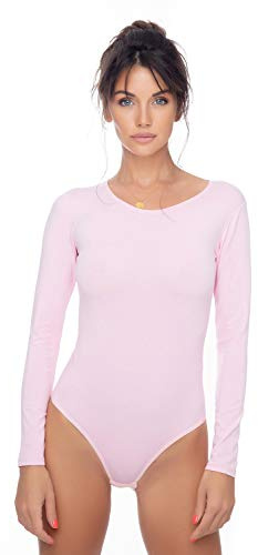 Evoni Damen Body langarm I blickdichter Bodysuit mit Rundhals für Frauen I Langarmbody in verschiedenen Farben I Body Shaper aus Baumwolle I Jumpsuit XXL Babyrosa