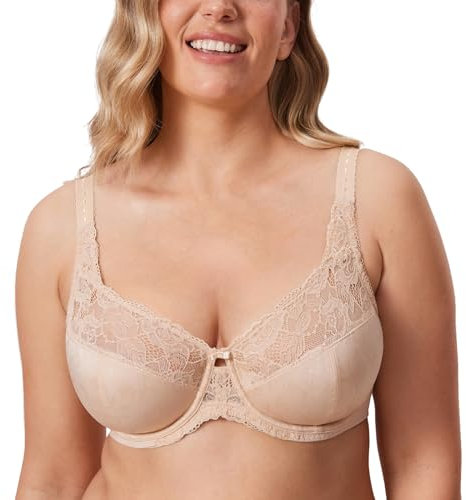Delimira Women's Beauty Lace Non Padded Minimiser Full Figure Underwire Bra Beige 34J