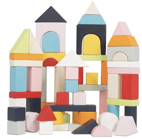Le Toy Van - PL135 - Holzbausteine, Lernspielzeug, für Kinder ab 1 Jahr, Bausteine, Stapelklötze, umweltfreundlich, 60 Teile, glatte Kanten, mit Brücken und Zylindern, Petilou