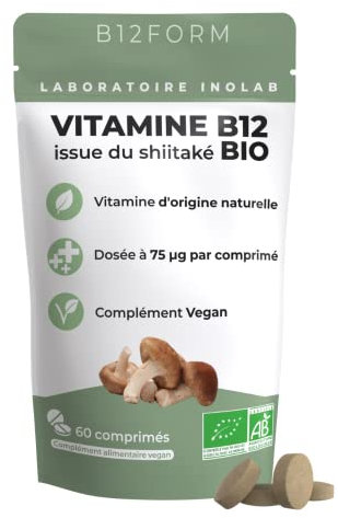 INOLAB VITAMINE B12 - Biologique, Vegan/Extrait de Shiitaké Bio/Methylcobalamine, Adénosylcobalamine & Hydroxocobalamine/B12FORM Haute biodisponibilité