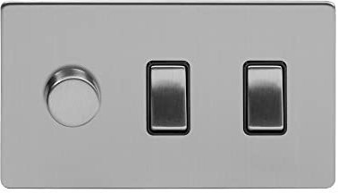 Soho Lighting Brushed Chrome 3 Gang Light Switch with 1 dimmer (2x 2 Way Switch & Trailing Dimmer) Blk Ins Screwless