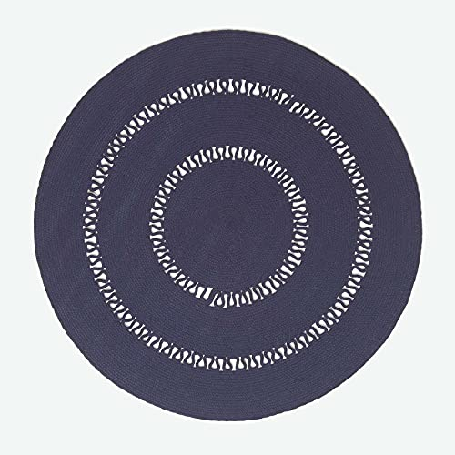 HOMESCAPES Navy Blue Crochet Rug Handwoven Cotton Braided Mat Reversible 150 cm Round Rug for Living Room & Bedroom