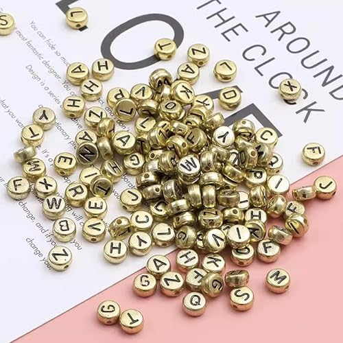 HERZWILD buchstabenperlen zum auffädeln gold rund buchstaben perlen bastelnperlen Buchstaben A-Z perlen für Schmuck Basteln (black-gold)