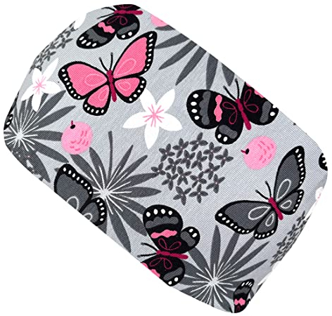 Wollhuhn ÖKO Mädchen/Damen/Buben Cooles Elastisches Stirnband/Haarband Bequem Jersey Baumwolle Viele Motive 21215155 (Schmetterlinge Rosa/Grau)