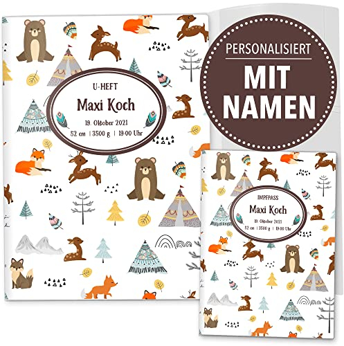 OLGS U-Heft und Impfpasshüllen 3-teiliges Set Awesome World | Untersuchungsheft & Impfpass Hüllen, Babygeschenk mit Namen und Geburtsdatum - Uhefthülle, Impfpasshülle personalisiert, Fresh Forest