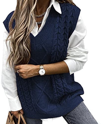 Niwicee Sweater Vest Knitted Sleeveless Jumpers Tank Top Streetwear Knitwear Plaid Pullovers Sweatshirts Oversized V Neck Cable Knit Vintage Retro Stylish Spring Autumn Winter Chunky Women(Navy,XL)