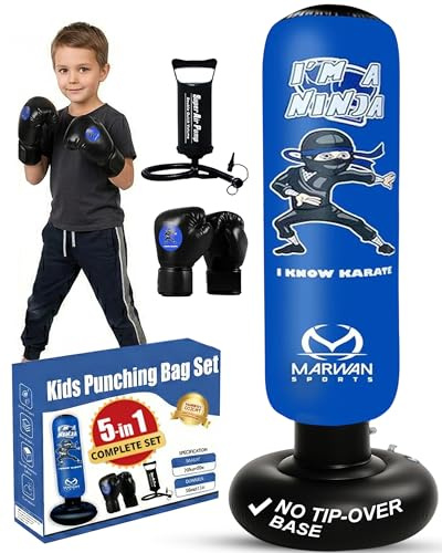 Marwan Sports Ninja 5-in-1 Kids Punching Bag Set Ages 4-12 with Boxing Gloves & Pump – 63 Inflatable Sensory Active Play Toy for ADHD & Autism, No-Tip Base, Gift for Boys & Girls
