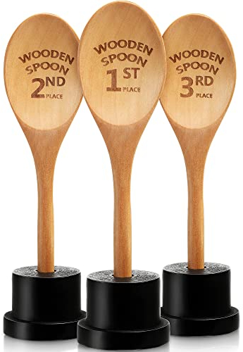 3 Pieces Golden Spoon Award Trophies Set Chili Cook off Wood Spoon Prizes Wooden Laser Engraved with Wooden Trophy Base Cooking Baking Gifts for Bake off Chili(8.66'')