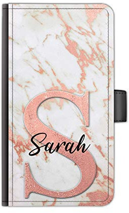 Personalised Initials Phone Case Pink Initial Name on Peach Marble PU Leather Side Flip Wallet Phone Cover for Apple iPhones, 16, 15, 14,13, 12, 11, Pro Max, Mini, XR, XS, SE