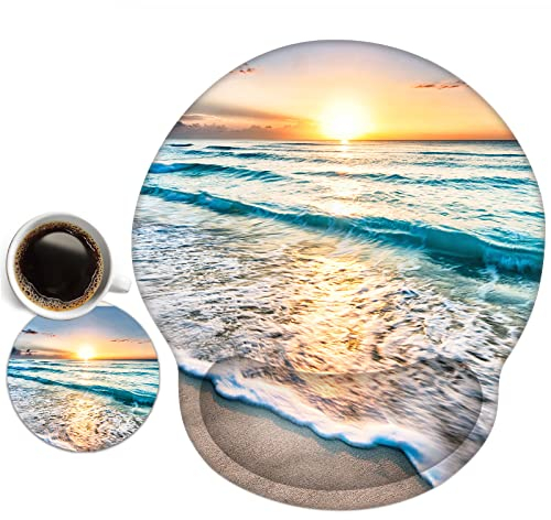 newplenty Mauspad,Mousepad Mit Handauflage, Mauspad Mit Gelkissen,Ergonomisches Mousepads Mit Untersetzer für Computer, Laptop (Meer und Strand)