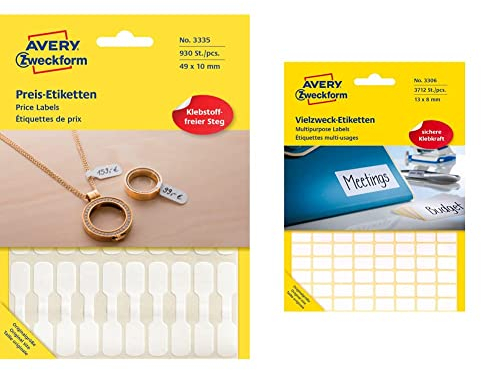 AVERY Zweckform 3335 Preisetiketten, 930 Aufkleber weiß & 3306 Haushaltsetiketten selbstklebend (13x8mm, 3.712 Aufkleber auf 29 Bogen, Vielzweck-Etiketten für Haushalt, Schule und Büro) blanko, weiß
