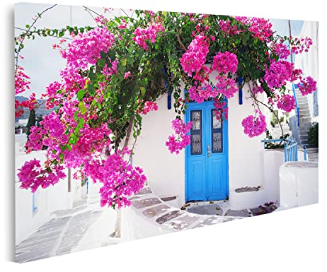 islandburner Bild auf Leinwand Traditionelles Griechisches Haus Blumen Paros Insel Griechenland Blaue Tür Umgeb Bilder Wandbilder Poster