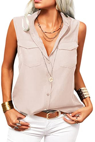 GeGekoko Camicia da donna con scollo a V, casual, elegante, senza maniche, con bottoni, basic, albicocca, M