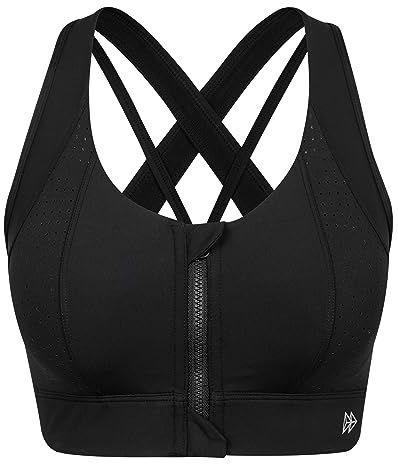Yvette Sport BH Starker Halt Vorderverschluss Gekreuzt Rücken Große Größen für Laufen, Fitness, Schwarz, M