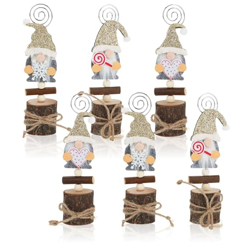 com-four® 6X Kartenhalter Wichtel - weihnachtlicher Tisch- und Grußkartenhalter aus Holz - Klammern für Menükarten, Namensschilder, Platzkarten - winterliche Tischdeko (6 Stück - Wichtel - Glimmer)