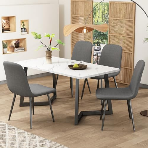 Esszimmergruppe mit Esstisch & 4 Stühlen Küchentisch Set für Wohnzimmer Küche, Essgruppen mit Eisenbeine Esszimmerstühle Scandinavian Vintage Künstlich Wildledersitz für(Schwarze Tischbeine)