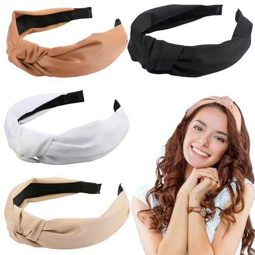 4 Stück Stirnbänder für Damen, Haarreifen Damen Haarband geknotete Stirnbänder Boho breites Knoten-Haarband elastische Haarreifen modische Haar-Accessoires für Damen und Mädchen (Set A)