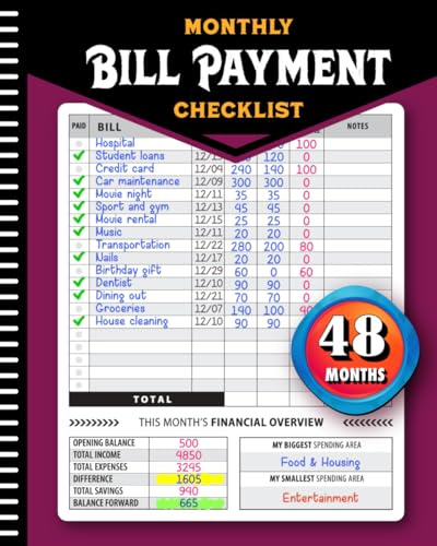 Monthly Bill Payment Checklist: Bill Tracker Notebook, The 4-Year Guide for Families & Money Managers, 960 Billing Records Included!