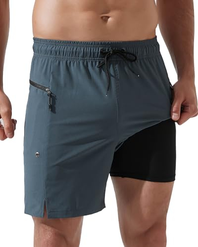 Arcweg Badeshorts Herren mit Reißverschlusstaschen Badehose Schnell trocknende Badehose mit Kompressionsfutter Doppellagige Herren Badeshorts Grau L(EU)