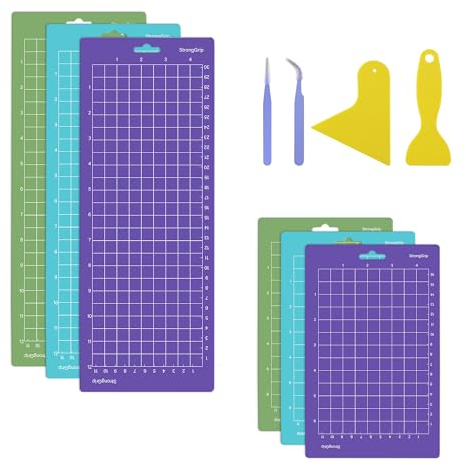 LHOEST 6 Stück Schneidematte für Cricut Joy, 4,5 X 12+ 4,5 X6,5, Standardgrip, Lightgrip, Stronggrip Rutschfeste Langlebige Cutting Mat, Matte Extra Zubehör für Cricut Joy mit Pinzetten Spatel
