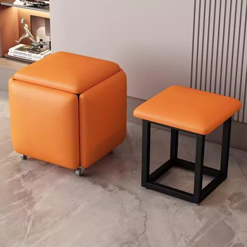 LEIYTFE 5 In 1 PU-Leder-Sitzmöbel Stapelbares Sofa Stuhl Hocker Moderne Ottomane Cube Mit Schwenkrollen, Partyhocker Teetisch Hocker Fußstütze Stapelbar Bank (Color : Orange, Size : 45cm)