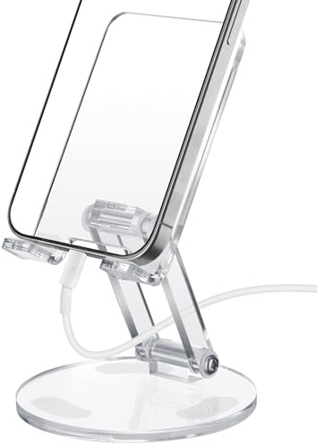 Tomorotec Adjustable Angle Clear Acrylic Cell Phone Stand for Desk, Foldable Acrylic Phone Holder Cute for Office, Portable Non-Slip Desktop Smartphone Holder, Fit for iPhone Samsung Galaxy (Clear)