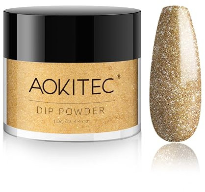Aokitec Dip Powder 28g, Glitter Gold, Acrylic Dip Powder for French Nails Nail Dipping Powder for Nail Starter & Professional, Easy to Use, Quick Air Dry