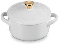 Le Creuset Stoneware Holly Collection Mini Round Cocotte, 8 Oz, White with Gold Knob