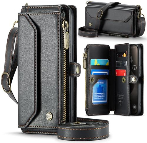 Unichthy For iPhone 16 Pro Max Case for Women with Crossbody Strap + Wrist Strap Shockproof Premium Leather Flip Wallet Handbag Zip Purse 5 Card Slots Clutch Bag for iPhone 16 Pro Max Black