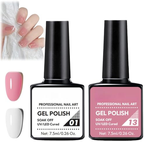 2PCS French Manicure Nail Set,White & Pink Nail Varnish,Gel Nail Set,French Manicure Kit,French Manicure Nail,Top Coat Gel,Natural Nail,No Wipe Gel Top Coat