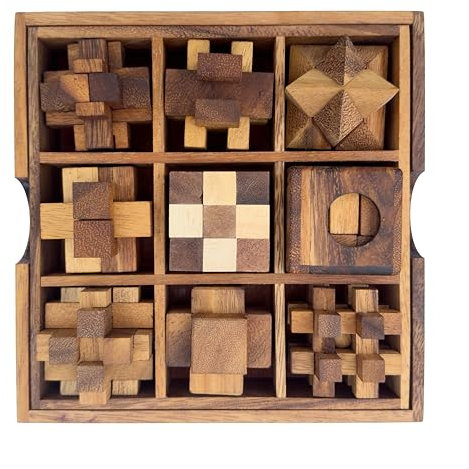Crafty Artisan Wooden Puzzle Box Set of 9 - Challenging 3D Brain Teasers for Teens and Adults with Wooden Storage Box, IQ Test Games, Handcrafted Gifts