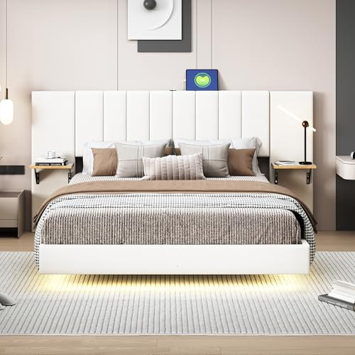 LED Schwebebett Doppelbett 140x200, integriertes Kopfteil mit Seitlichen Ablagen und USB Ladefunktion, Polsterbett Bettanlage mit Lattenrost, Jugendbett Funktionsbetten, Leinen, Ohne Matratze, Beige