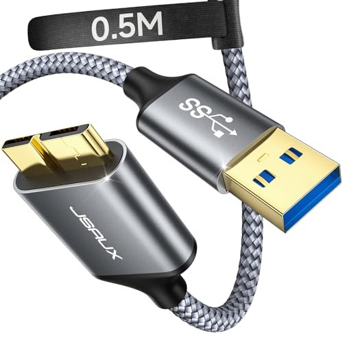 JSAUX Hard Drive Cable 0.5M, USB 3.0 A to Micro B Nylon Cable 5Gbps Compatible with Portable External Hard Drives, WD Elements, Seagate Expansion, Toshiba, Galaxy S5/Note 3, Camera-Grey