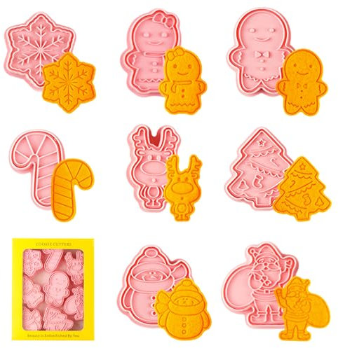 Christmas Cookie Cutters Set, 8pcs 3D Pressable Biscuit Cutters, Xmas Cookie Cutters with Plunger Stamps - Gingerbread Man/Gris, Reindeer, Snowman, Santa, Cane, Snowflake, Christmas Tree Baking Molds