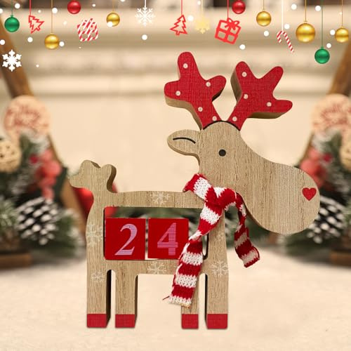 Weihnachtsdeko Holz Adventskalender 2024, Tischdeko Weihnachten Countdown Kalender aus Holz, Weihnachtsdeko Tisch Adventskalender 2024, Holz Kalender für Weihnachten Deko Home Büro (Rentier)