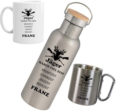 Personalisierte Jäger-Geschenkbox mit Thermosflasche 750 ml, Tasse 330 ml, Edelstahl, Franz (Komplettes Set)
