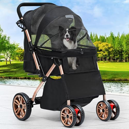 YITAHOME Hundebuggy Hundewagen klappbar für Hunde & Katzen, Haustierbuggy bis 22 kg mit umkehrbarem Griff, Netzfenstern, Getränkehalter, 360° drehbare EVA-Räder mit Bremsen (Schwarz)