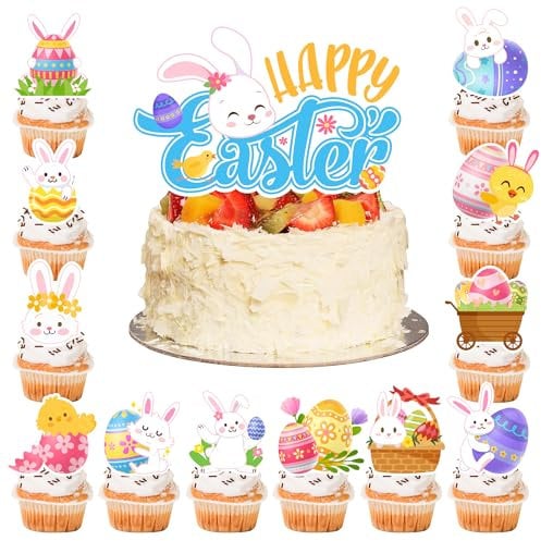 25 Pcs Happy Easter Cake Toppers, Bunny Eggs Cupcake Topper Easter Party Cake Decorations, Bunny Party Decoration