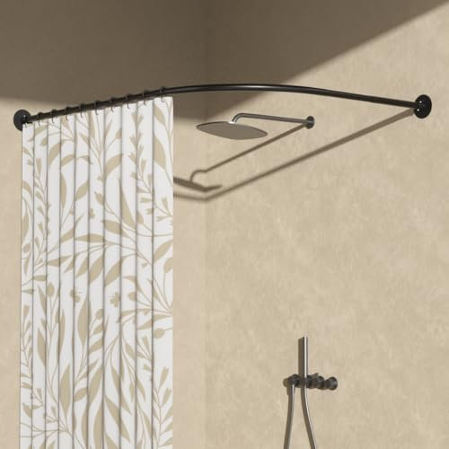 Womamny Barra Cortina Ducha Esquina Negro, Barra Cortina Ducha Sin Taladrar, 70-95 x 105-165 cm Barra Ducha Curva, Metal Barra Ducha Esquina, Barra Cortina Ducha en L, Sin Taladrar/Perforación