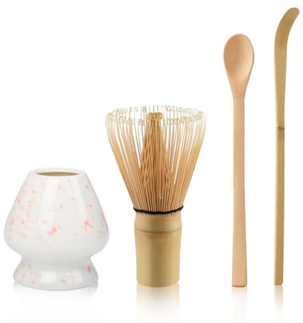 Matcha Tee Set mit Matcha Besen und Löffel, Matcha Besen Set mit Keramik Schneebesen Halter Matcha Zubehör(Rosa-01)