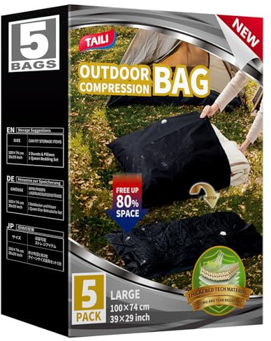 TAILI Vacuum Storage Bags Outdoor 5 Pack Jumbo 100 x 74 CM Tear-Proof Travel Vacuum Bags Reusable Compression for Travel, Clothing, Camping Waterproof, Wearproof, Punctureproof