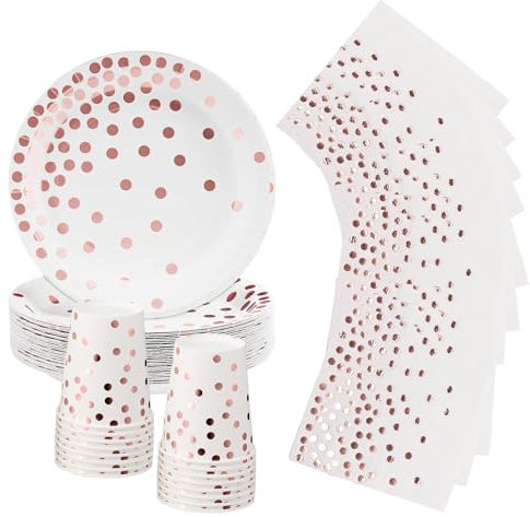 52P White and Rose Gold Foil Polka Dots Tableware for Her,Girls,Women,White Gold Dots Plates Paper Cups and Napkins,Sparkling Rosegold Dots Dinnerware for Birthday,Wedding,Baby Shower Party Tableware