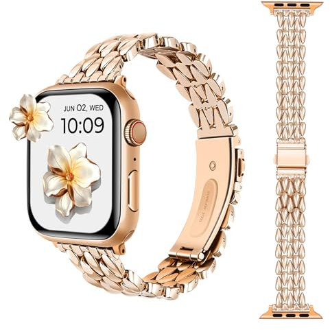 Stainless Steel Straps for Apple Watch Strap 38mm 40mm 41mm 42mm, Slim Metal Chain Bands Bracelet Replacement for Women Wristband iWatch Series 11 10 9 8 7 6 5 4 3 2 1 SE3 SE2 SE, Rose Gold
