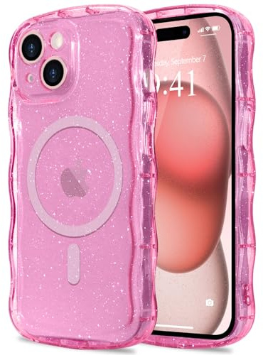 Pepmune for iPhone 15 Plus Case Clear [Compatible with Magsafe] Bling Sparkle Glitter Magnetic Cover,Soft TPU Curly Wavy Frame & Hard PC Back,Slim Shockproof Wave Phone Case for Women Girls-Hot Pink