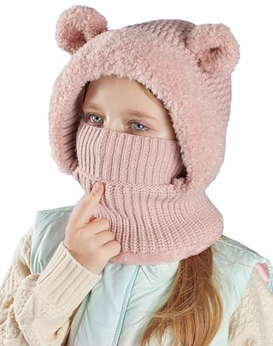 Maeau Mütze Winter Beanie für Kinder Mädchen Jungen 4-10 Jahre Baby Wintermütze Schlupfmütze Gestrickt Fleece mit 2 Bommel Kleinkind 2 in 1 Sturmhaube und Loop Schal Schalmütze Strickmütze Herbst