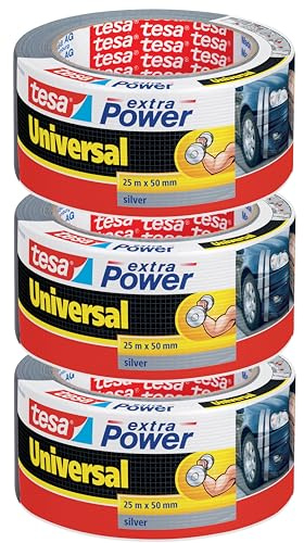 tesa extra Power Universal Gewebeband - Klebeband mit extra starkem Halt - vielseitiges Duct Tape für Reparaturen, zum Befestigen, Abdichten und mehr - 3 Rollen - 25 m x 50 mm (Grau)