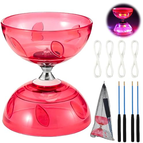 SKIKHN LED Diabolo Freiläufer mit kugellager,3 Lager Diabolo mit Stöcken Und Schnur,Anfänger Jonglier-Set Geschenk,mit 2 Paare Handsticks+4 Ersatzschnur Kit,für Innen- und Außenbereich (Rot)