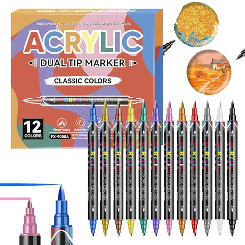 Lot de 12 stylos pinceaux fluorescents à double pointe pour peinture et pointillage - Outils gel à séchage rapide pour bricolage, utilisation en salon, adolescents, femmes et travaux