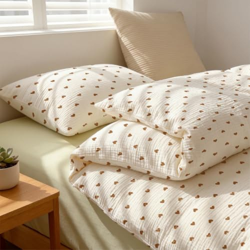 Nayoroom Musselin Kinderbettwäsche 135x200 cm Baumwolle Kinder Bettwäsche | Oeko-TEX Standard, Bettbezug 135x200 cm mit Kissenbezug 80x80 cm, für Mädchen, Atmungsaktiv & Hautfreundlich, Braun Herzen