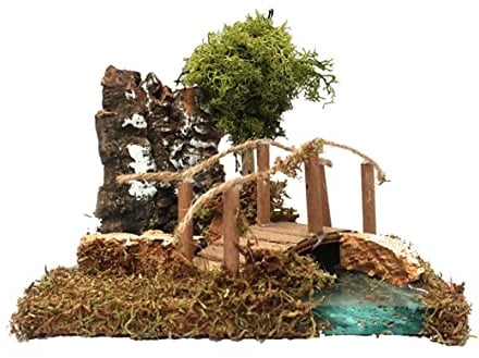 Bertoni Kurve mit Baum und Kleiner Brücke für Krippe | Klassisches Krippenzubehör aus mehrfarbigem Holz | Italienisches Produkt | 13 x 16 x 13 cm